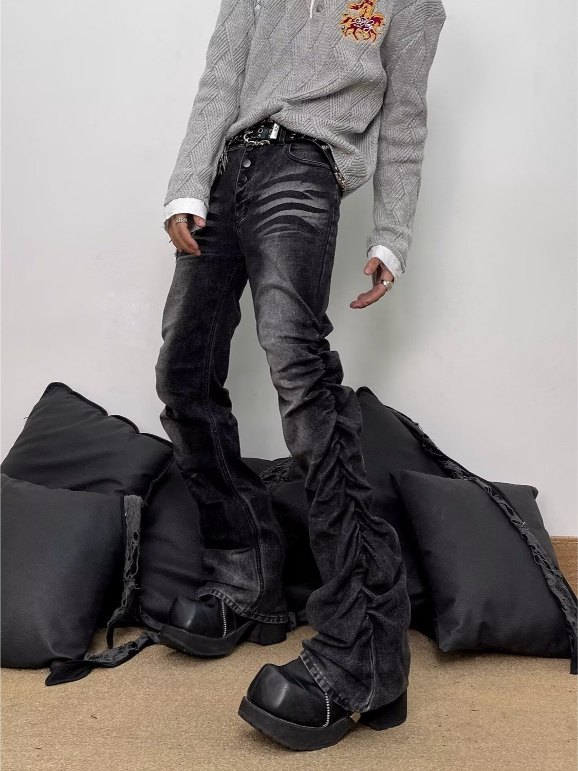 Streetwear Brand Denim - جينز رجالي أسود رمادي مغسول بقصة